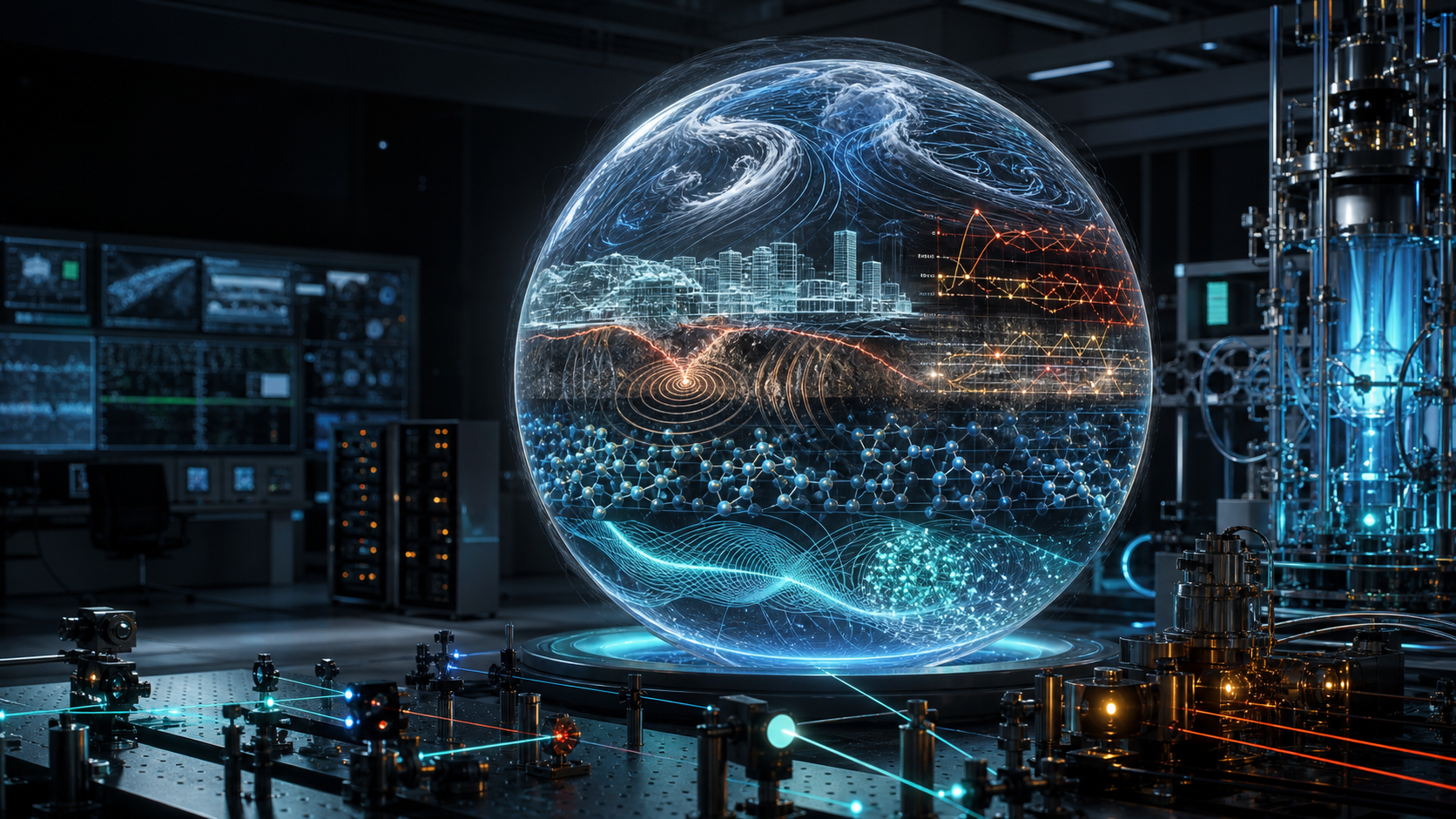 Transparent simulation sphere inside a quantum optics laboratory